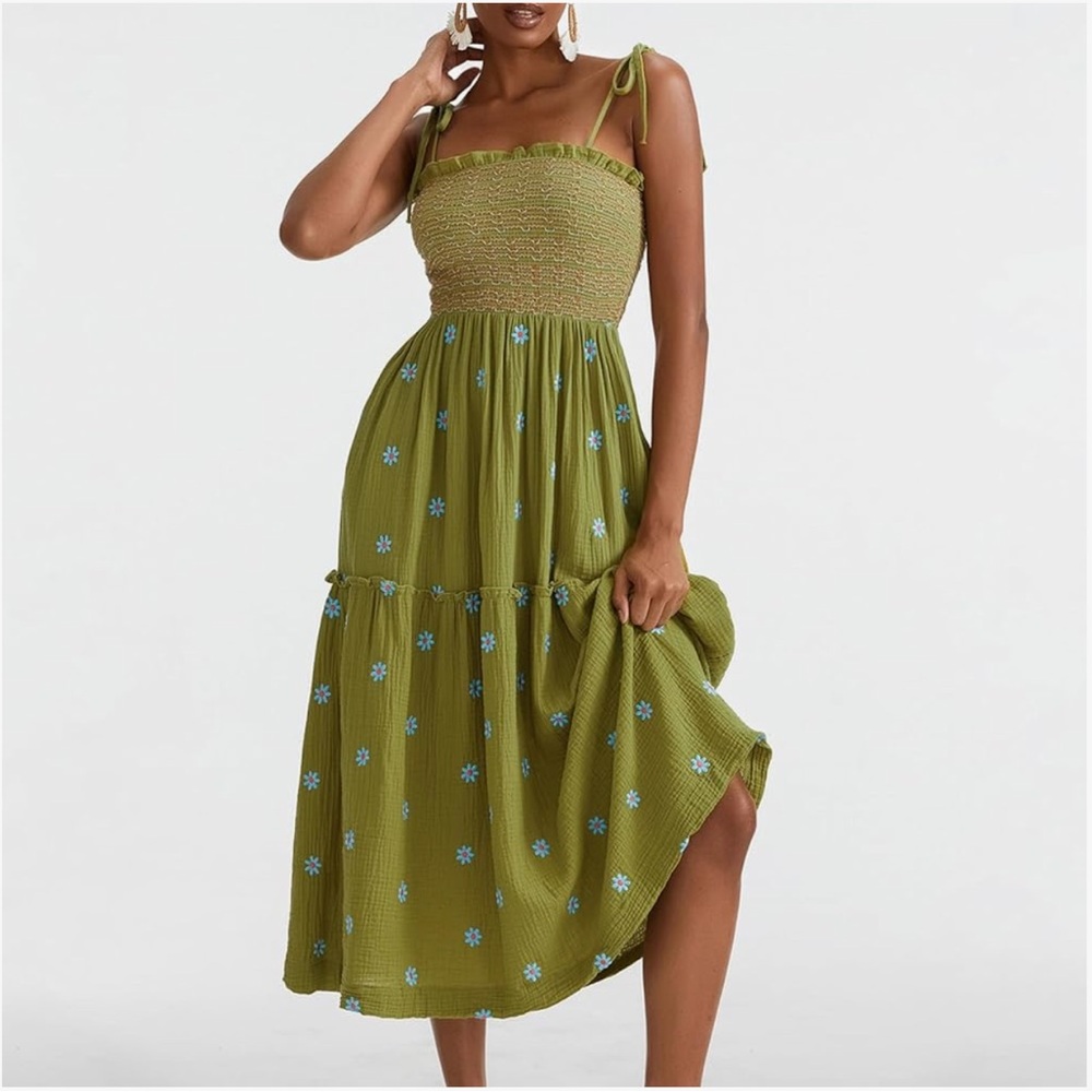 Smocked Tiered Midi Dress in Olive Green - Picture 5 of 10
